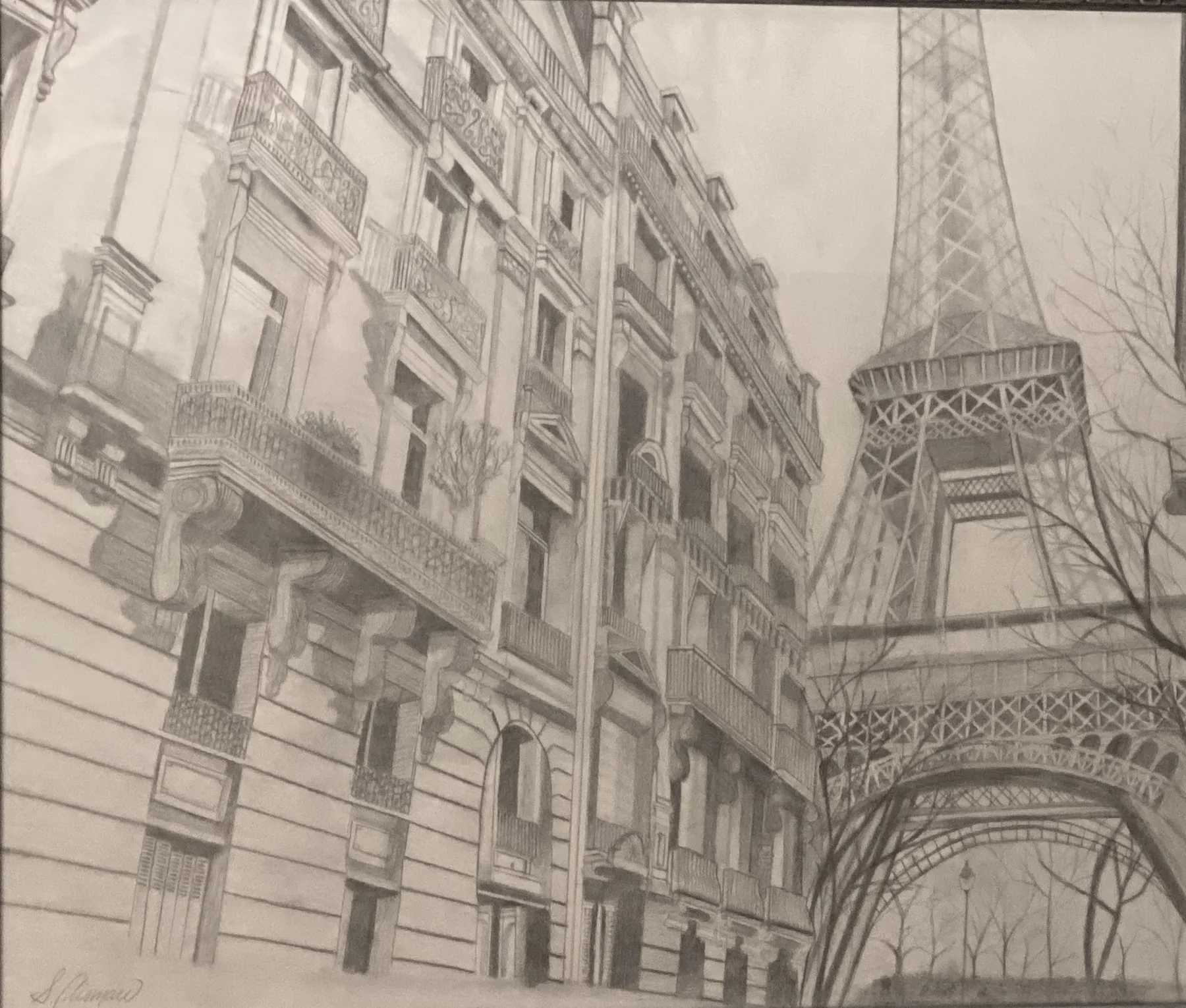 Graphite drawing of Paris and the Eiffel Tower