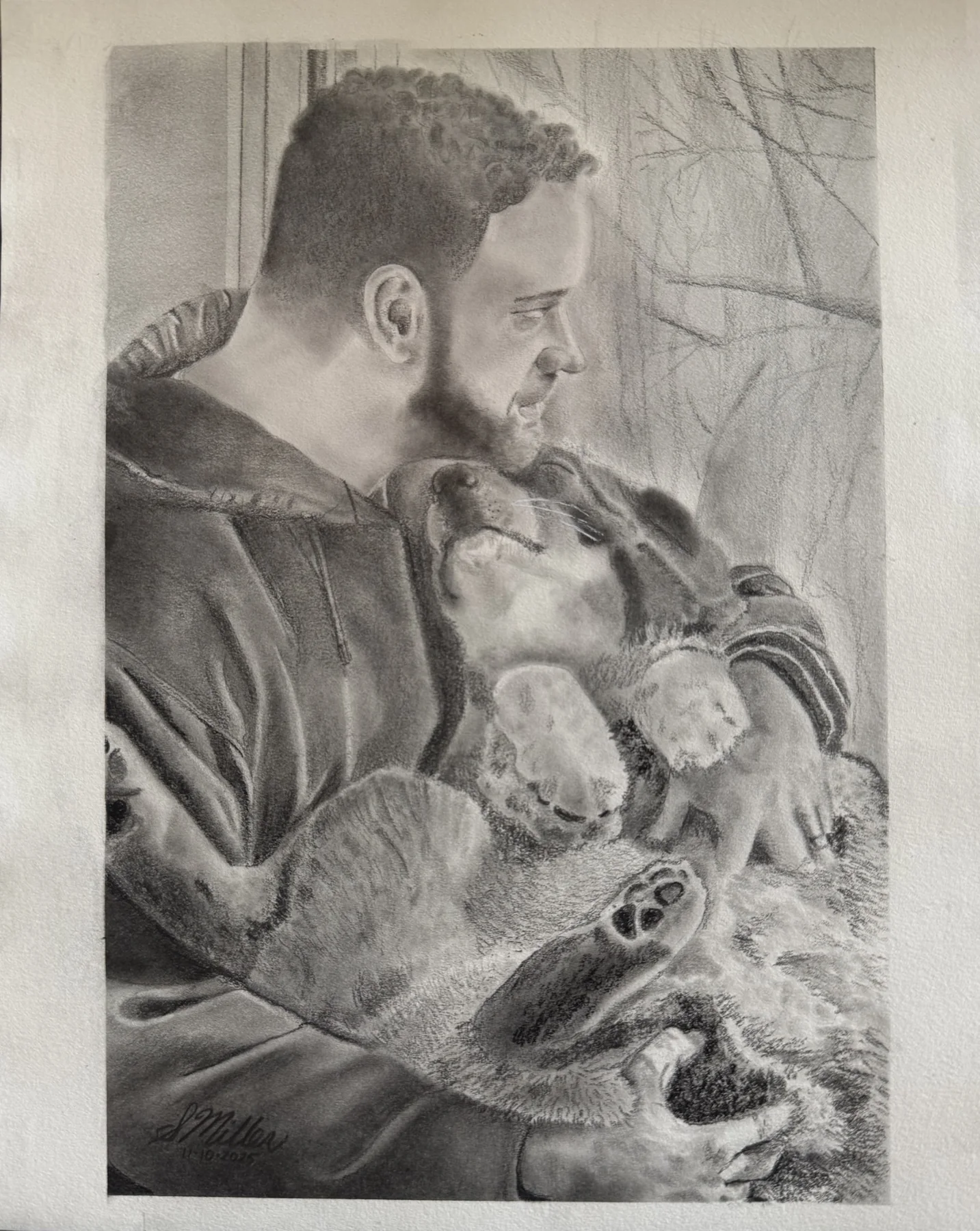 Graphite portrait of a pet and owner