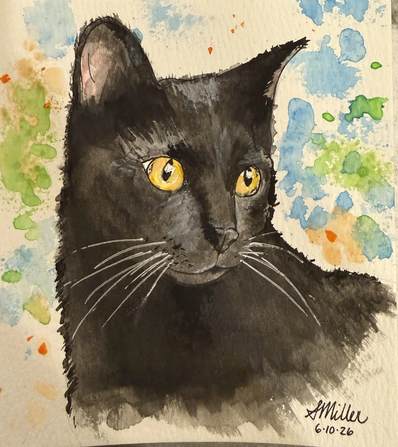 Watercolor portrait of Obi the cat